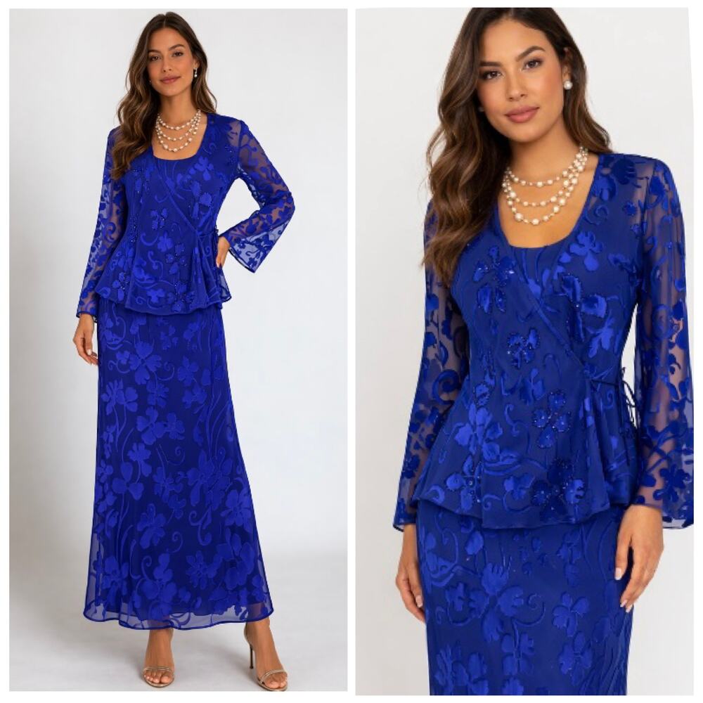 Vintage 90s Patra Royal Blue 2-Piece Formal Maxi Dress Set with Beaded Jacket 10